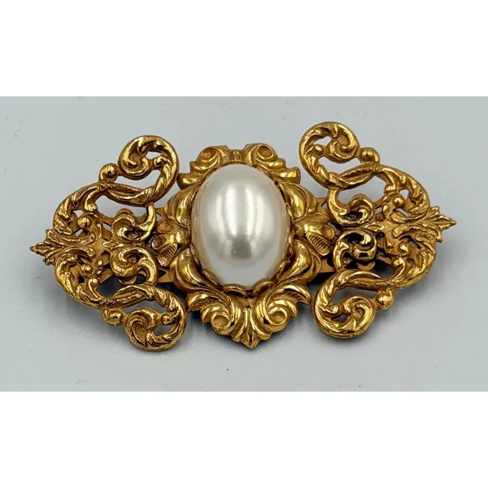 Miriam Haskell Faux Pearl, Russian Gilt Filigree Brooch Signed